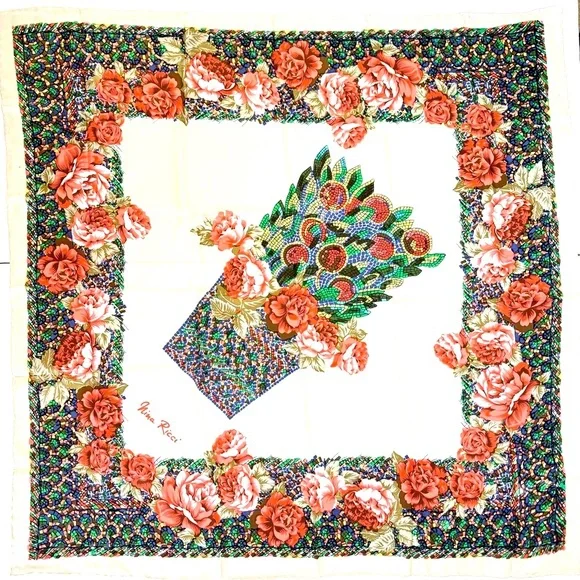 VTG Silk 34" Scarf Nina Ricci Paris Floral Roses‎ Cream Peach Mosaic Head Scarf - Picture 9 of 9